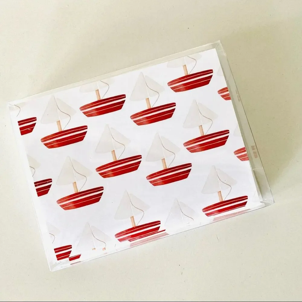 NEW ANTHROPOLOGIE White Red Illustrated Sailboats Nautical Card Notecards s/10